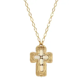 Symbols Of Faith Glass Stone Faux Pearl Cross Reliquary Pendant Necklace 32