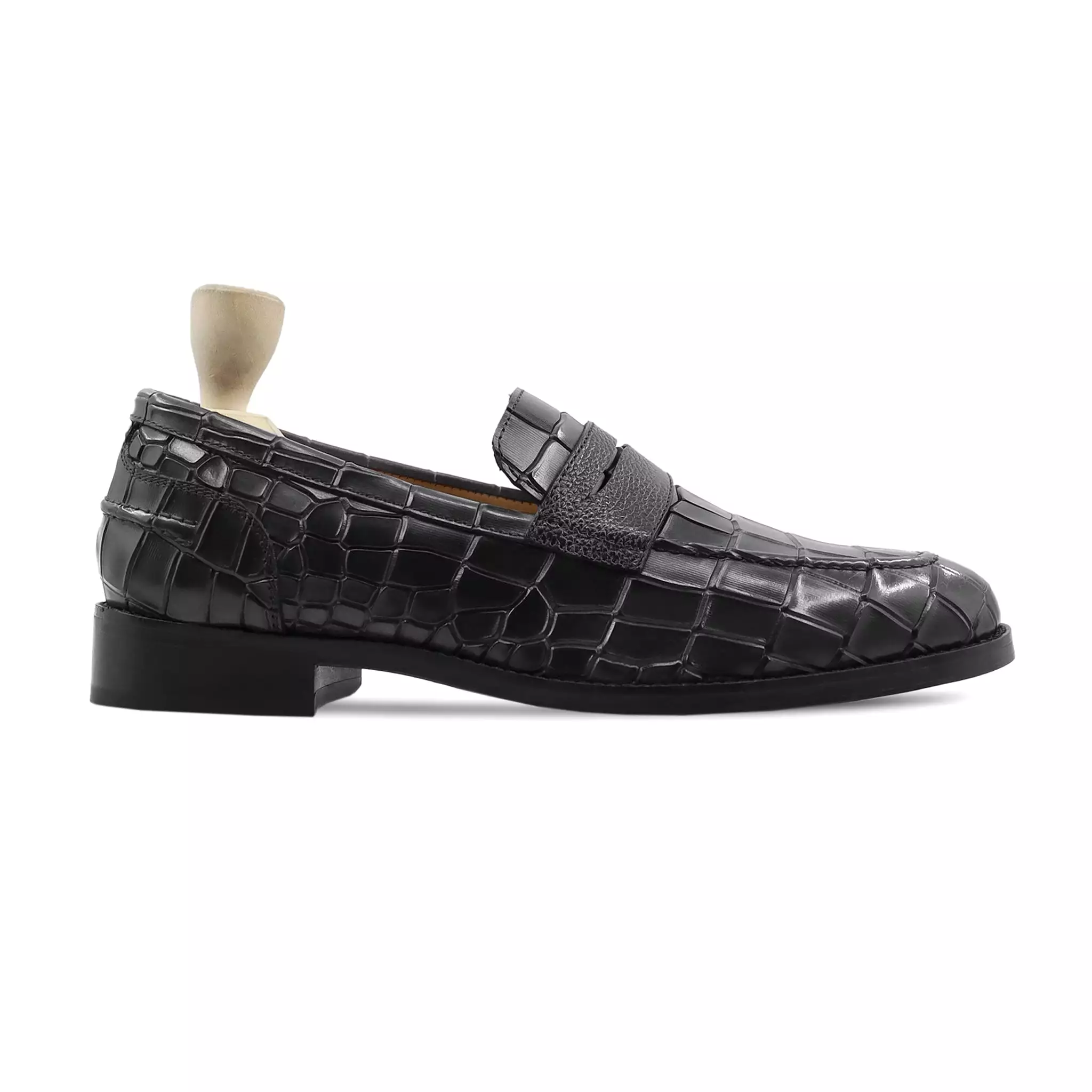 Ulvila - Men's Black Crocodile Printed Calf Leather Loafer