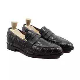 Ulvila - Men's Black Crocodile Printed Calf Leather Loafer