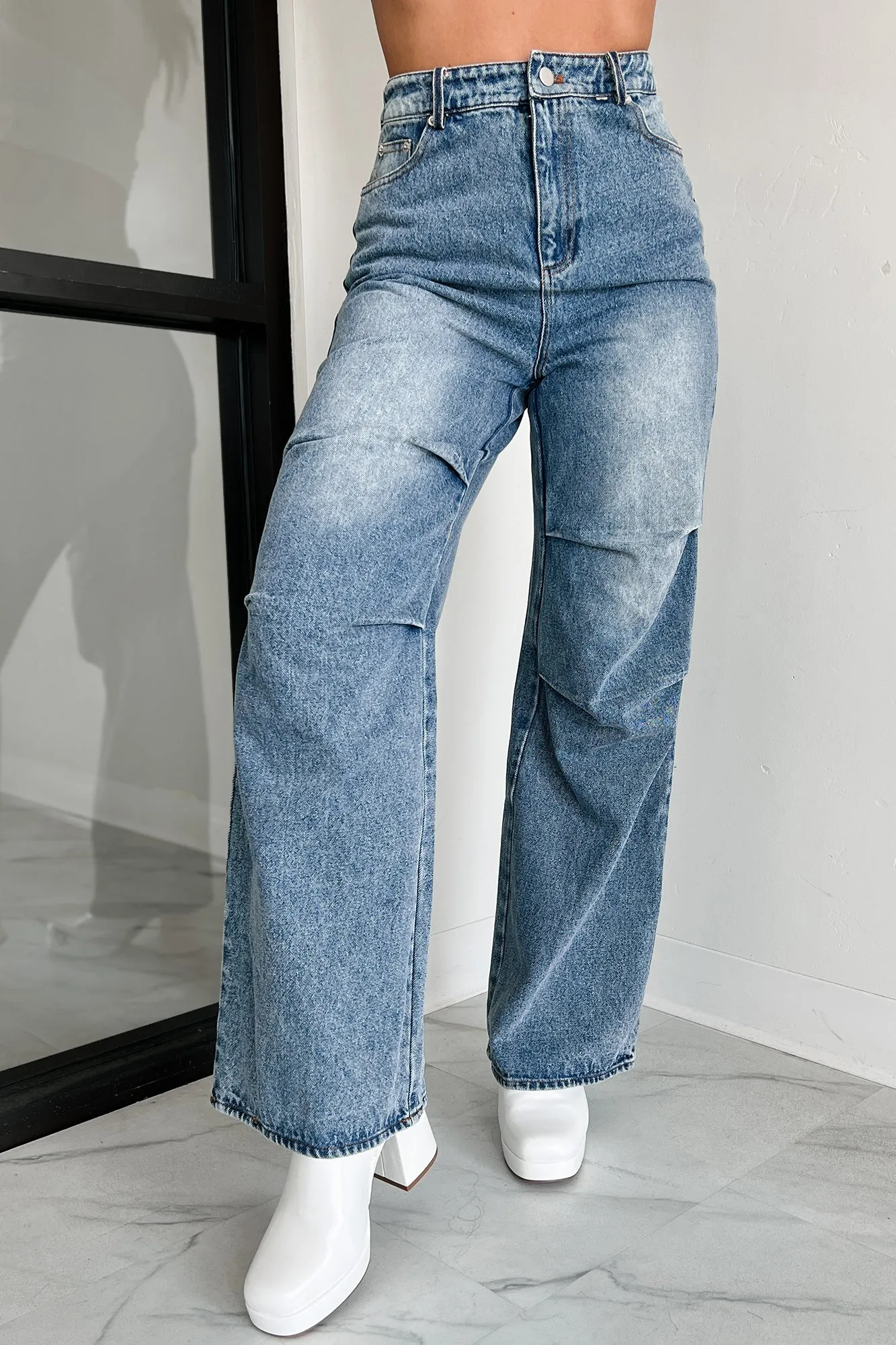 Urban Roots Knee Tuck Wide Leg Jeans (Washed Denim)