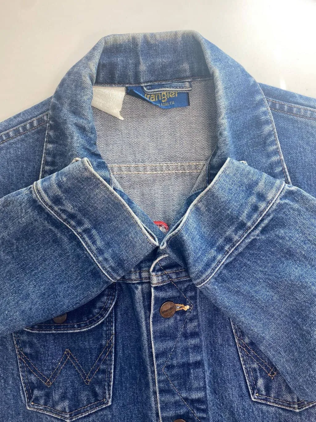 Vintage 70s Wrangler denim jacket with red eye embroidery – Small / Medium